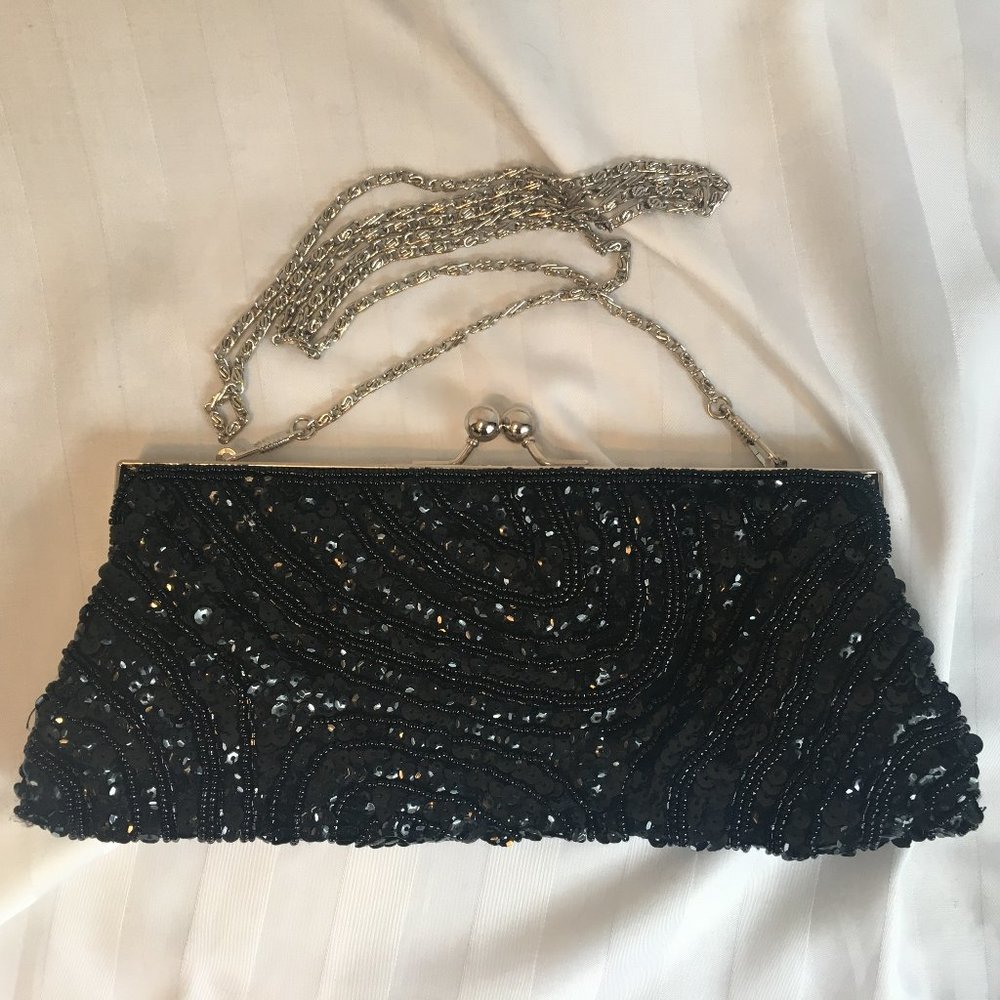 RACHEL Hand Beaded Clutch Purse Evening Bag Sequins Beads Cocktail Grad Black